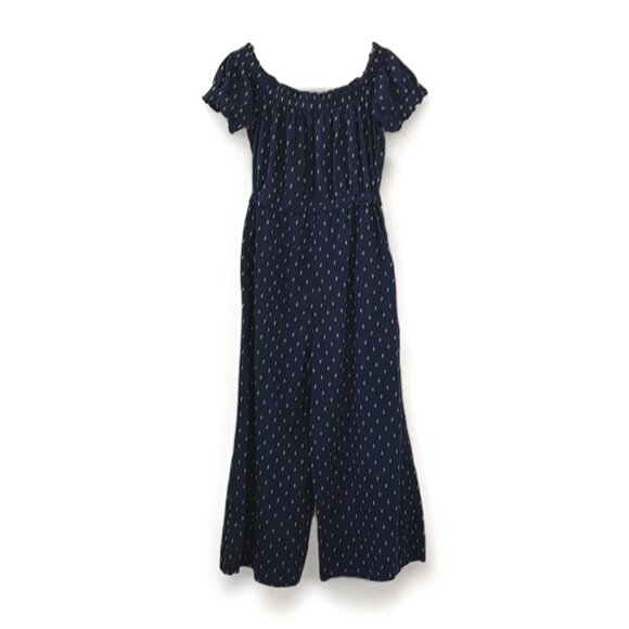 Anthropologie Romper Womens S Navy Geo Pattern Wide Leg Square Neck Ruffle Boho - Picture 2 of 16